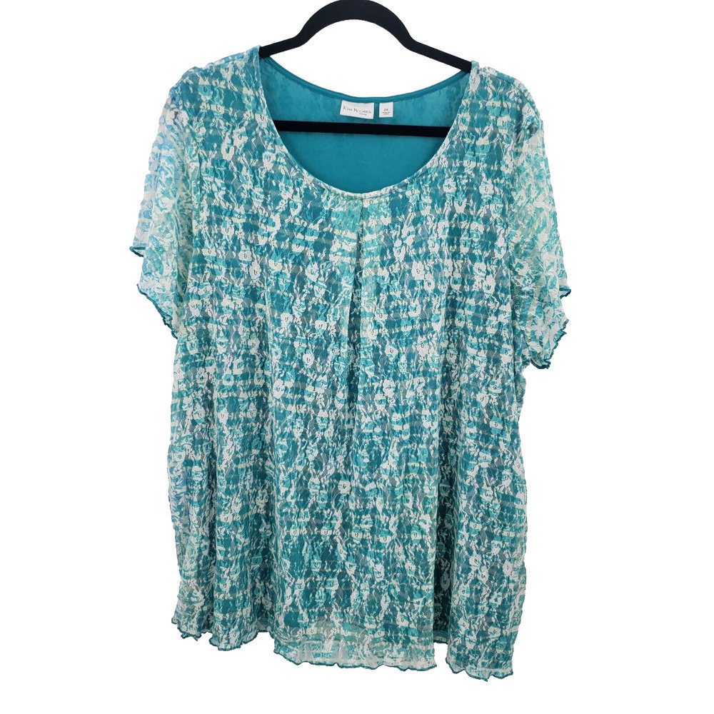 Kim Rogers Short Sleeve Lace Knit Top Womens Plus Size 2x Teal Blue Lined